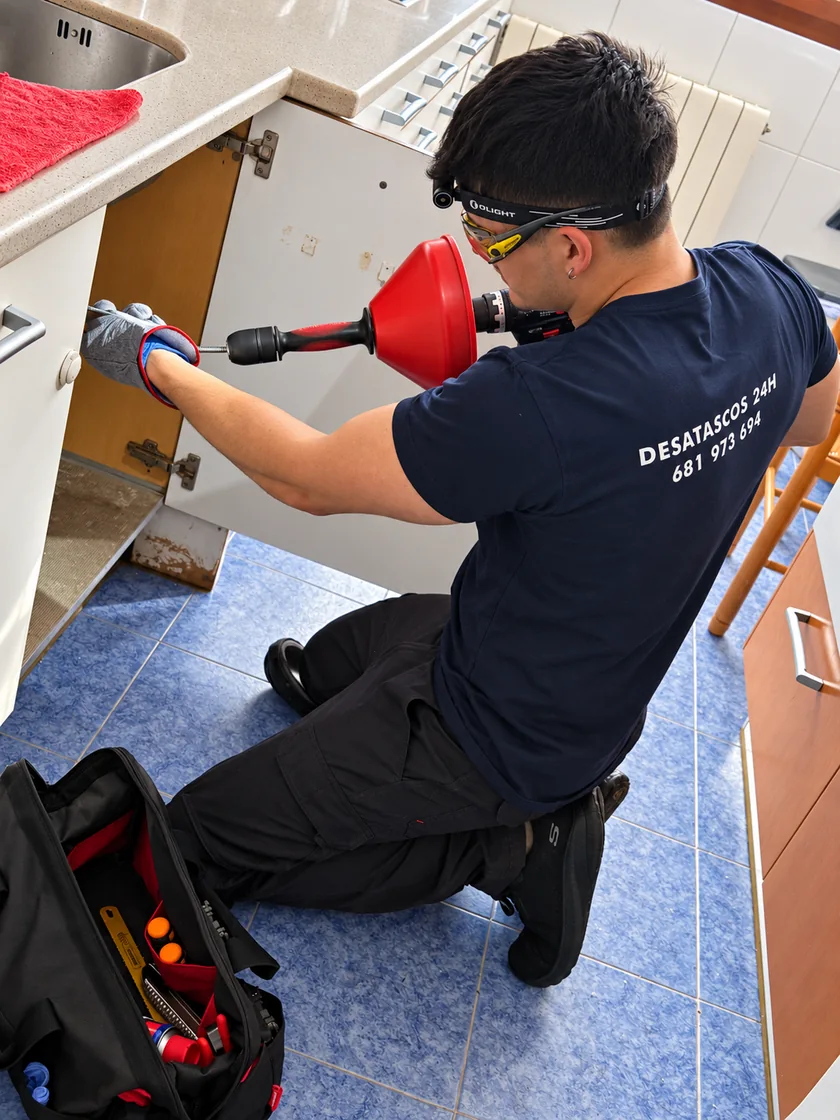 Técnico de Cárdenas Desatascos trabajando en el desagüe de un fregadero